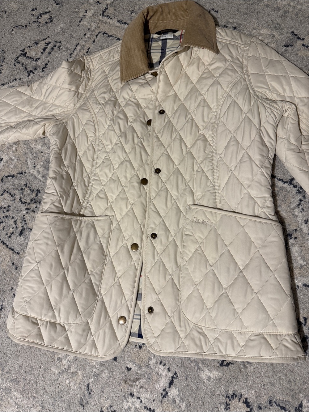 Barbour Cream Quilted Puffer Jacket with Tan Cord Collar